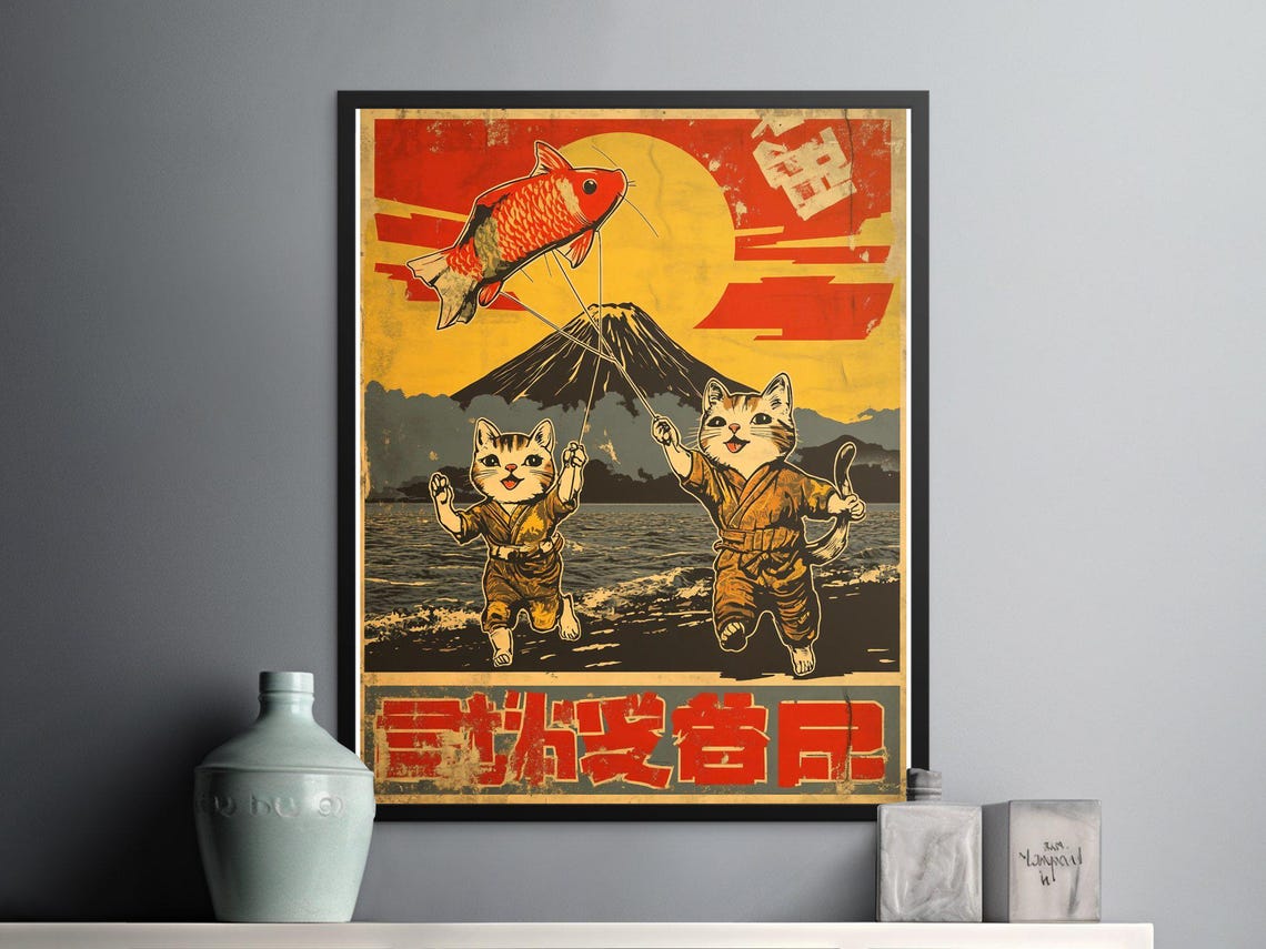 Happy Cats Flying Fish Kite Mount Fuji Sunset Retro Japanese Poster - Image 2
