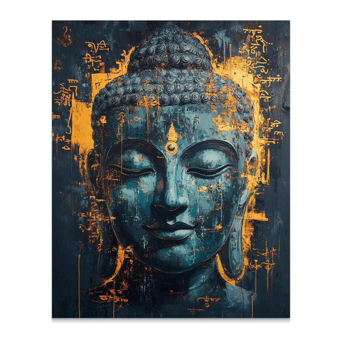 Peaceful Buddha Face Meditation Zen Blue Gold Spiritual Wall Art - Image 3