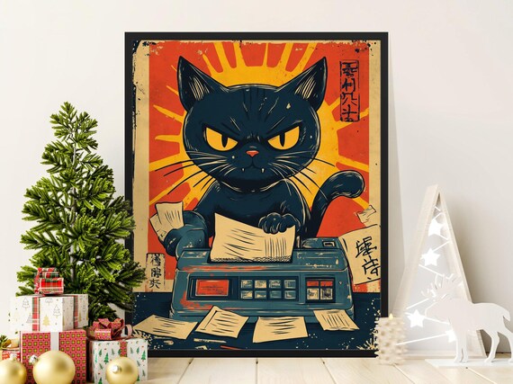 Angry Cat Smashing Printer Office Rage Retro Japanese Style Poster