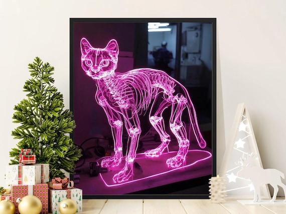 Neon Pink Cat Skeleton Glowing Wire Sculpture Dark Modern Wall Art