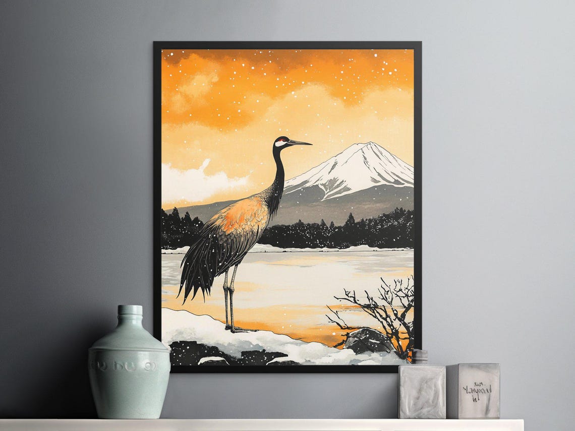 Red Crowned Crane Snow Winter Mount Fuji Golden Vintage Art Poster