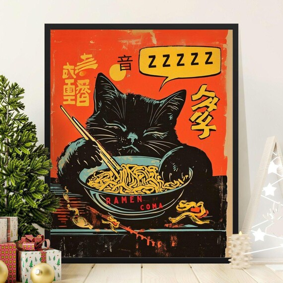 Ramen Coma Sleeping Black Cat Vintage Japanese Foodie Poster