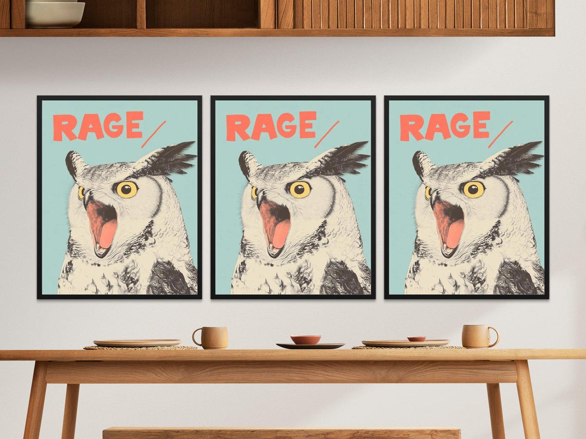 Screaming Owl RAGE Text Funny Retro Bird Style Wildlife Wall Art - Image 2
