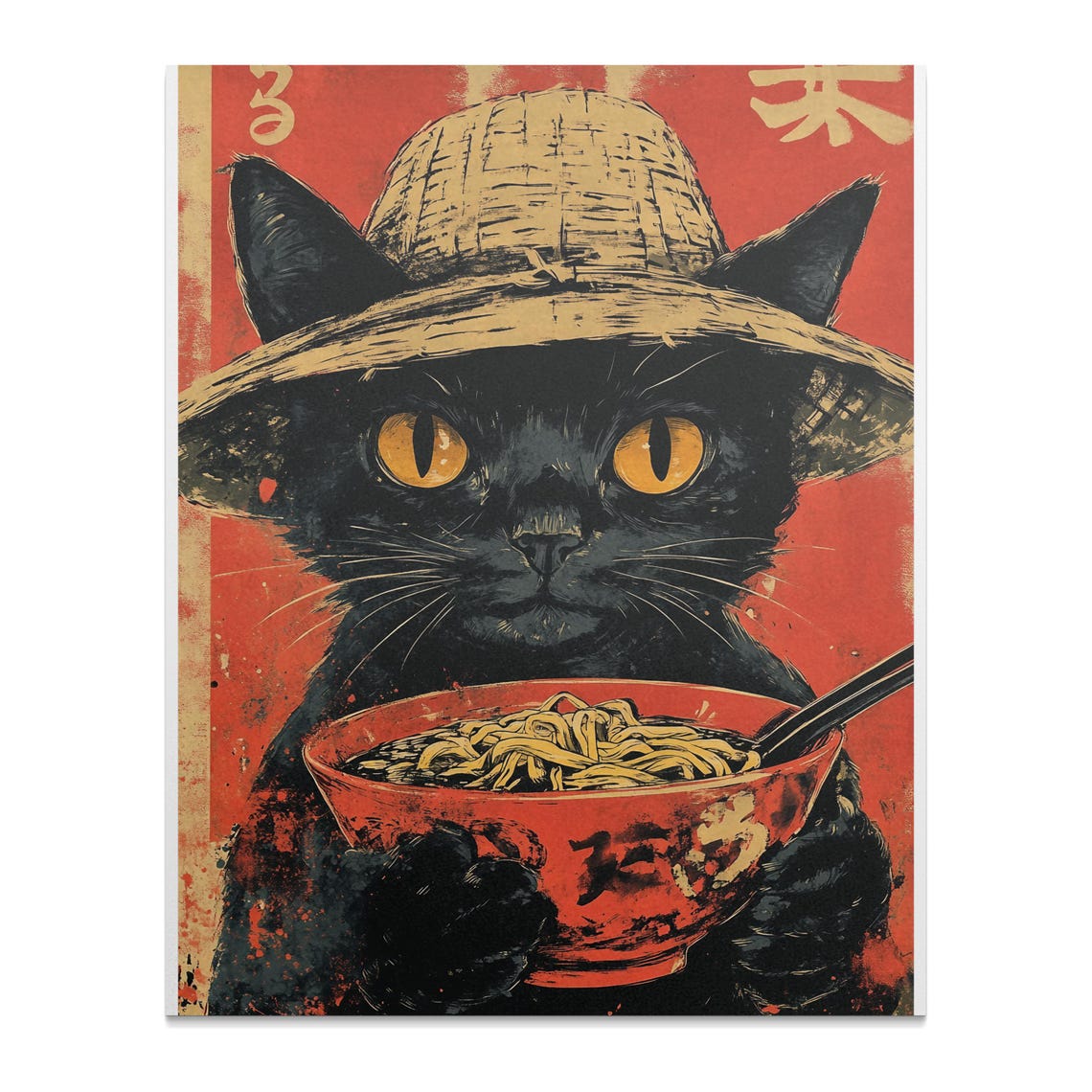 Black Cat Ramen Bowl Vintage Japanese Straw Hat Noodle Shop Poster - Image 2