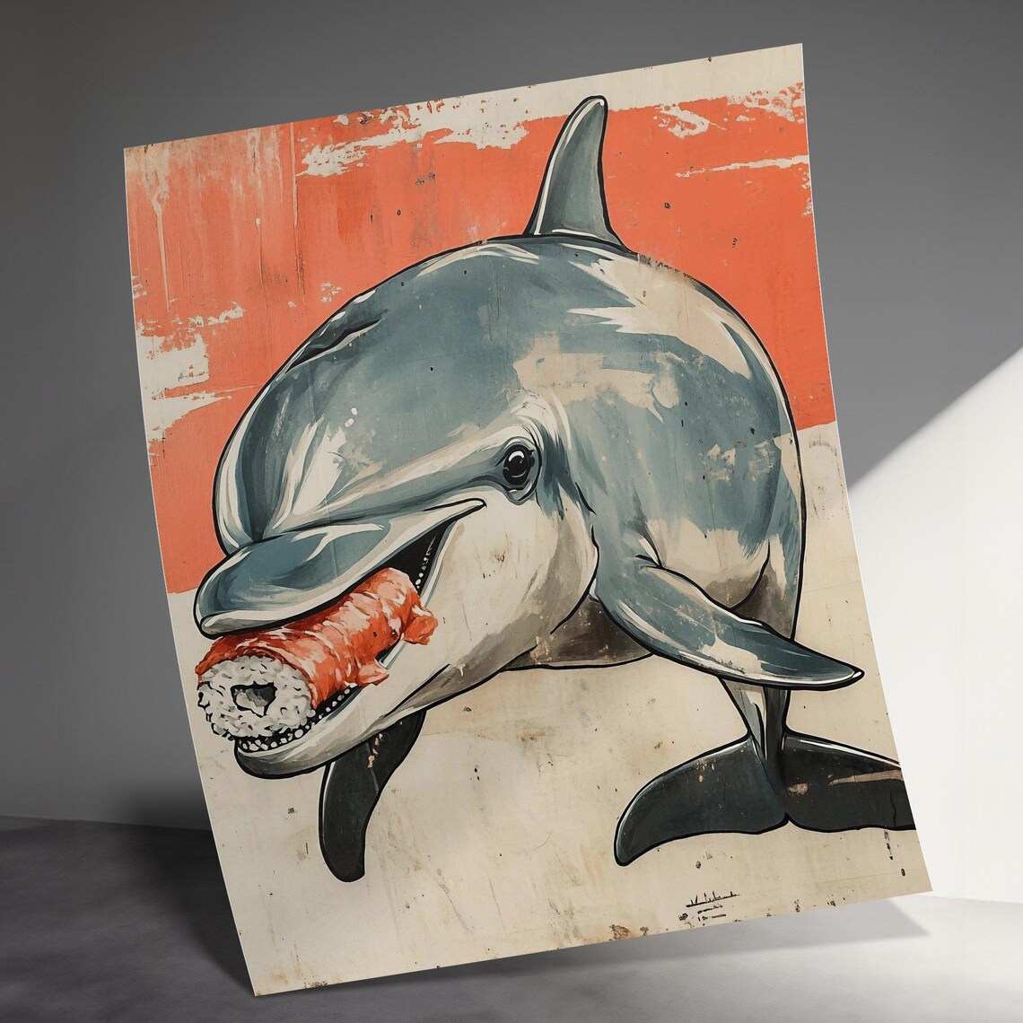 Playful Dolphin Biting Sushi Roll Vintage Retro Ocean Sea Life Art Poster - Image 3