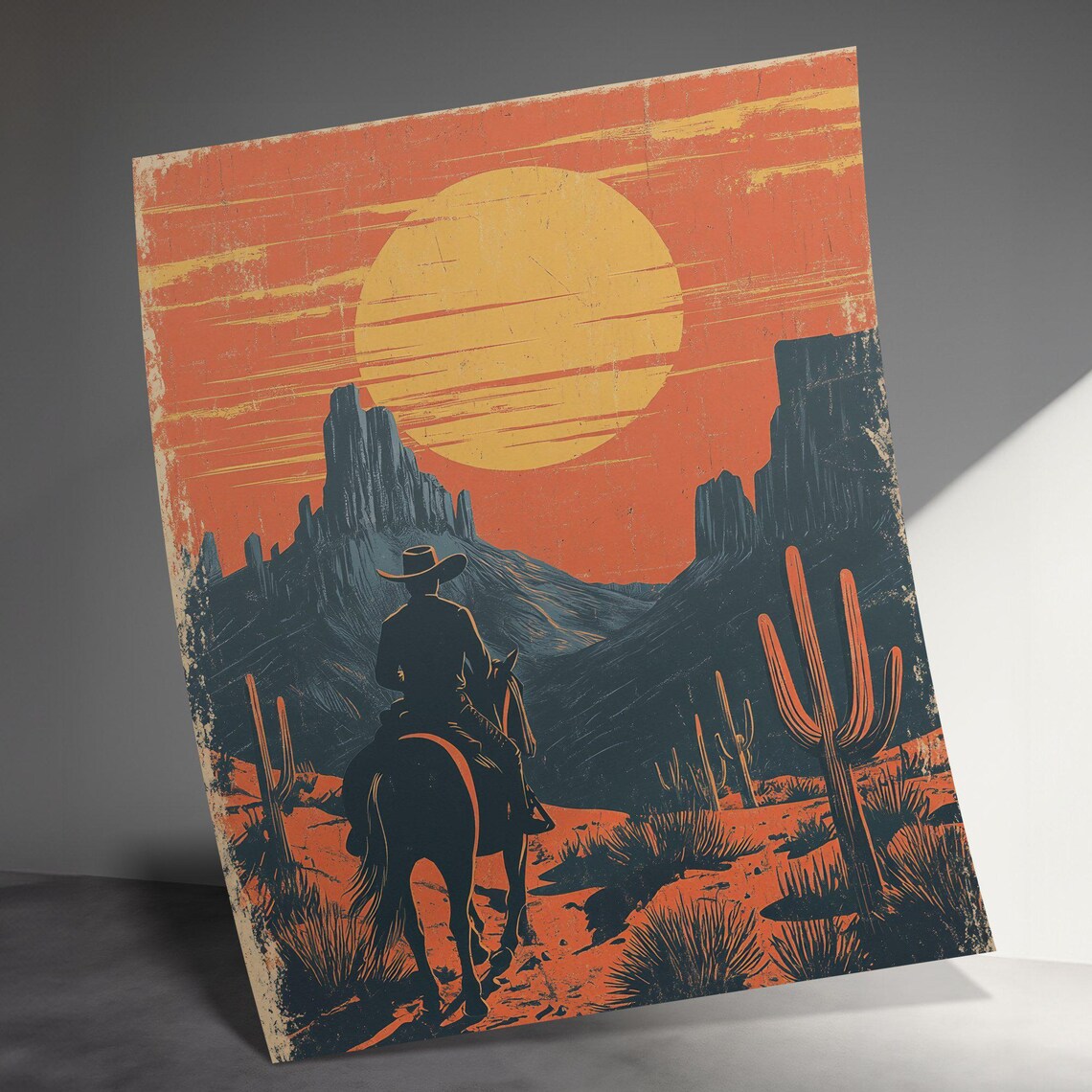 Cowboy Riding Into Sunset Desert Canyon Retro Western Landscape Poster - Image 3