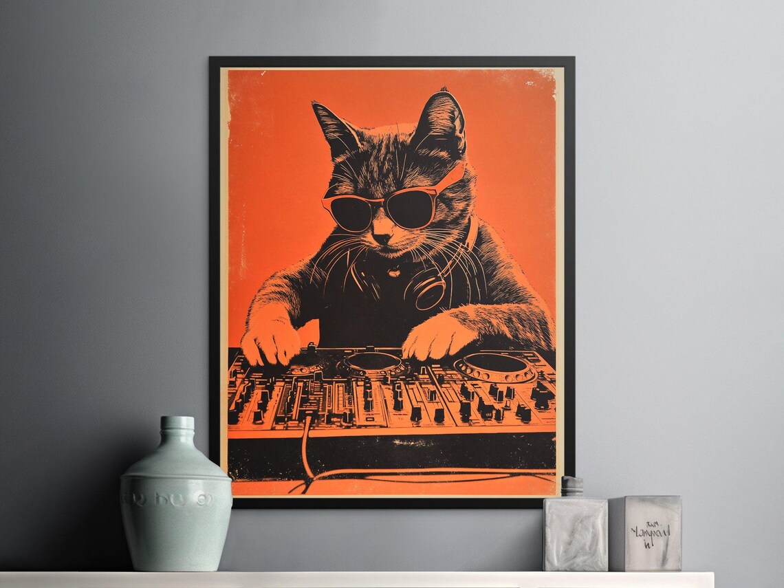 Cool Cat DJ With Sunglasses And Headphones Retro Orange Music Art Poster - Image 2