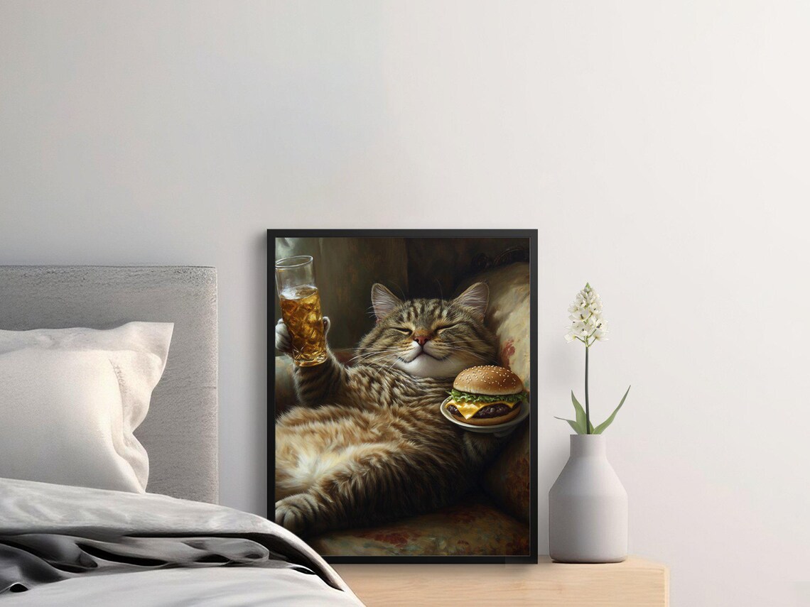 Relaxed Tabby Cat With Burger And Whiskey Glass Cozy Lounge Funny Art Poster - Image 2