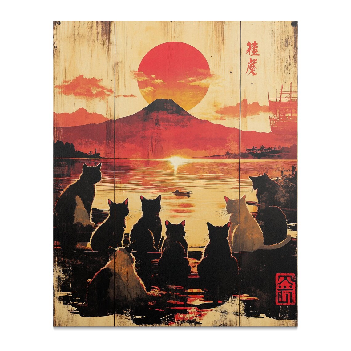 Black Cats Silhouette Sunset Mount Fuji Zen Japanese Nature Poster - Image 2