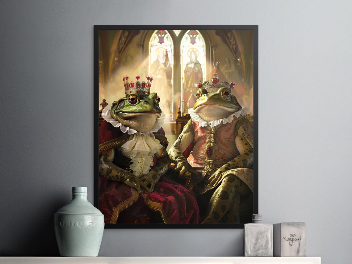 Royal Frog King And Queen Crowned Regal Amphibian Portrait Poster