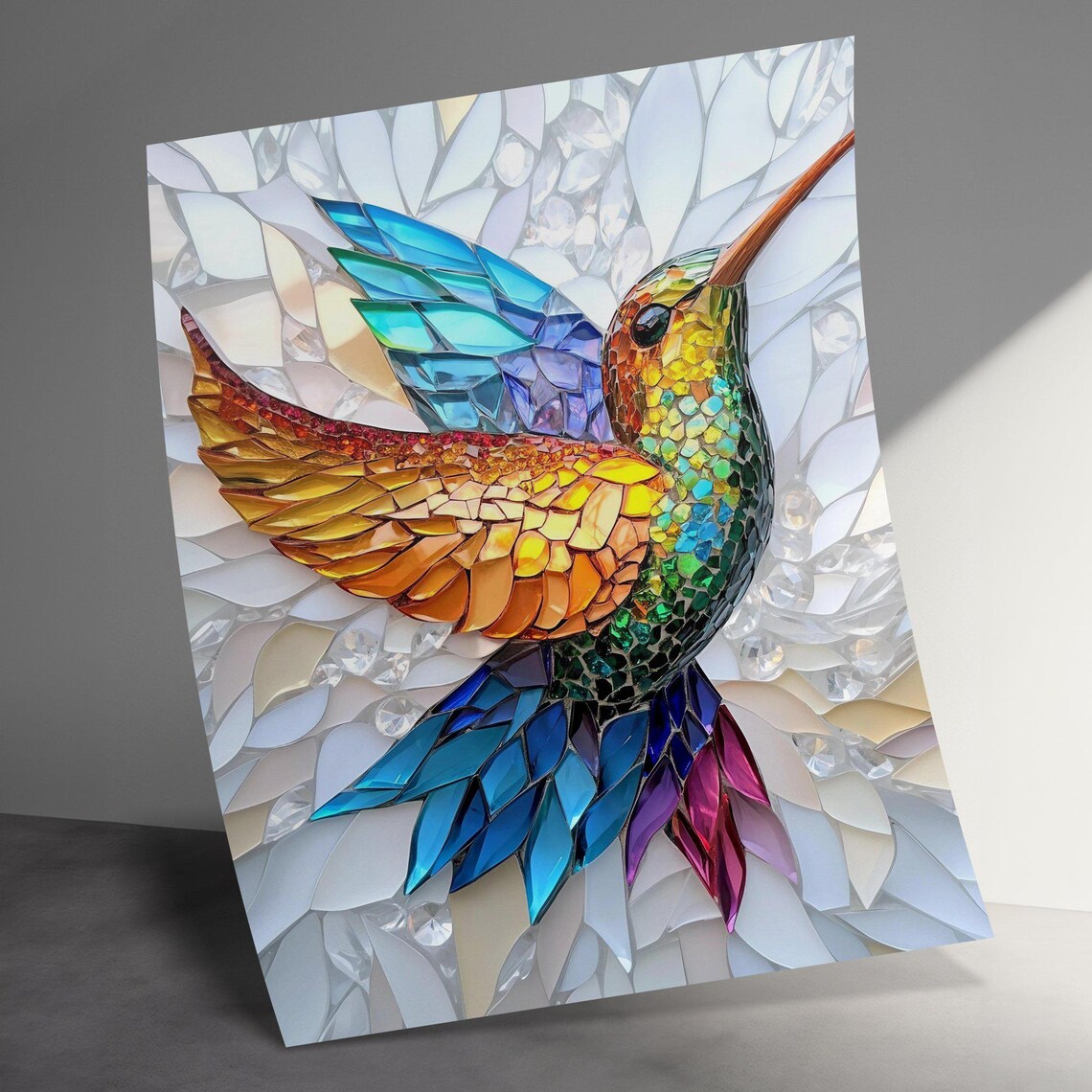 Stained Glass Mosaic Hummingbird Rainbow 3D Jewel Tone Bird Wall Art - Image 3