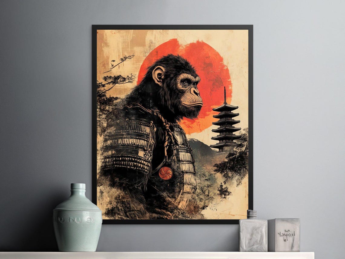 Mighty Samurai Gorilla In Armor Under Red Sun Pagoda Japan Poster - Image 2
