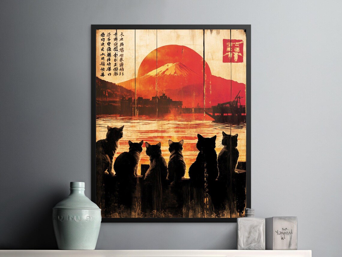 Cat Silhouettes Sunset Mount Fuji Vintage Japanese Zen Art Poster