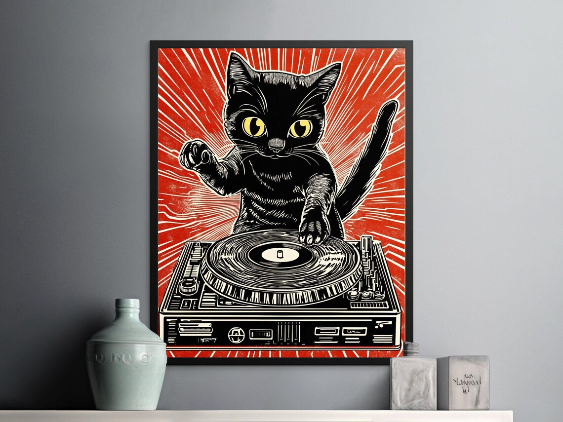 Black Cat DJ Turntable Woodcut Red Retro Vintage Music Cat Lover Poster