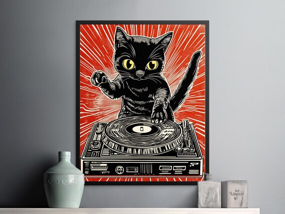 Black Cat DJ Turntable Woodcut Red Retro Vintage Music Cat Lover Poster