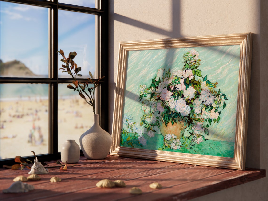Van Gogh Roses White and Pink Blossoms Vase Impressionist Print - Image 3