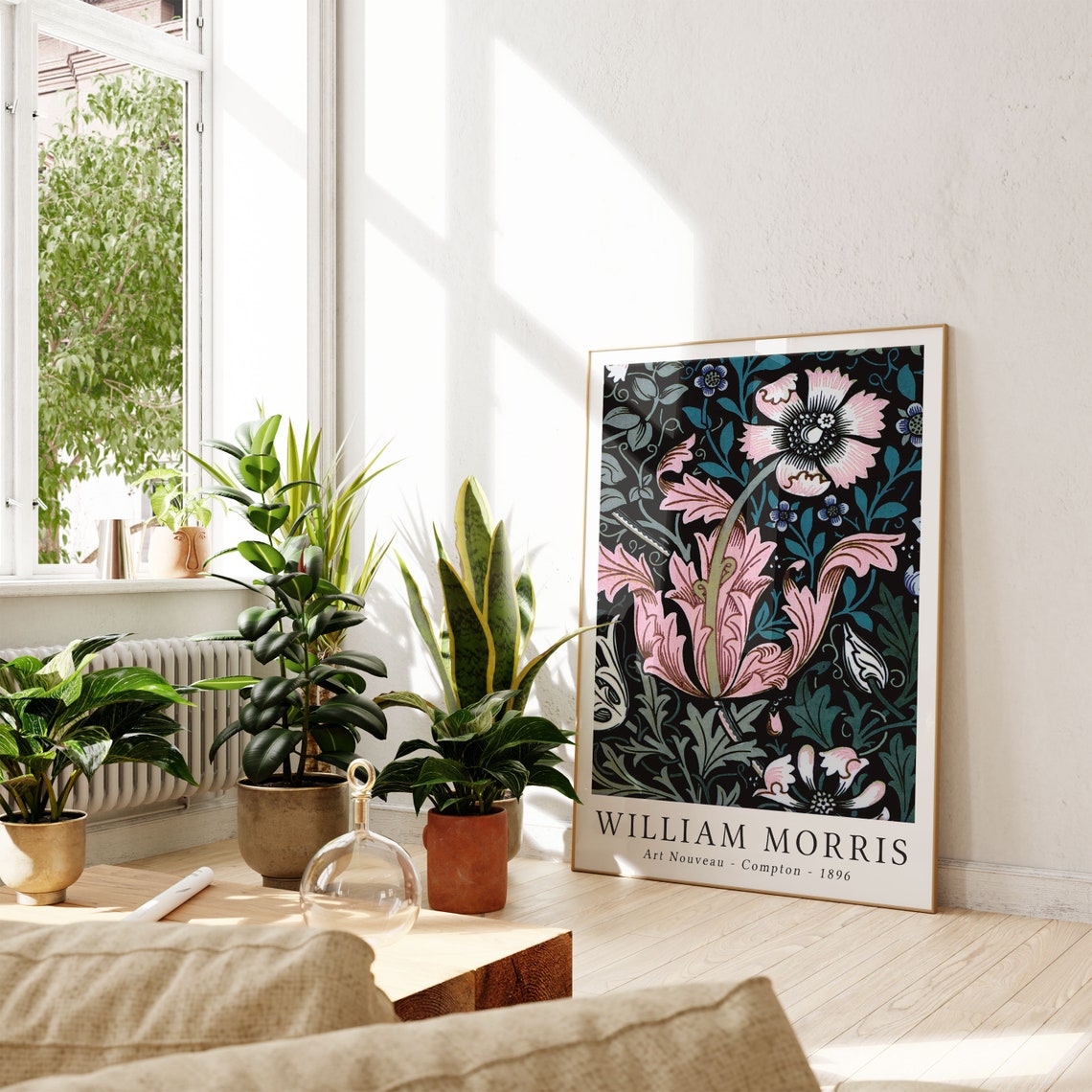 William Morris Compton 1896 Pink Floral on Black Art Nouveau Poster - Image 2