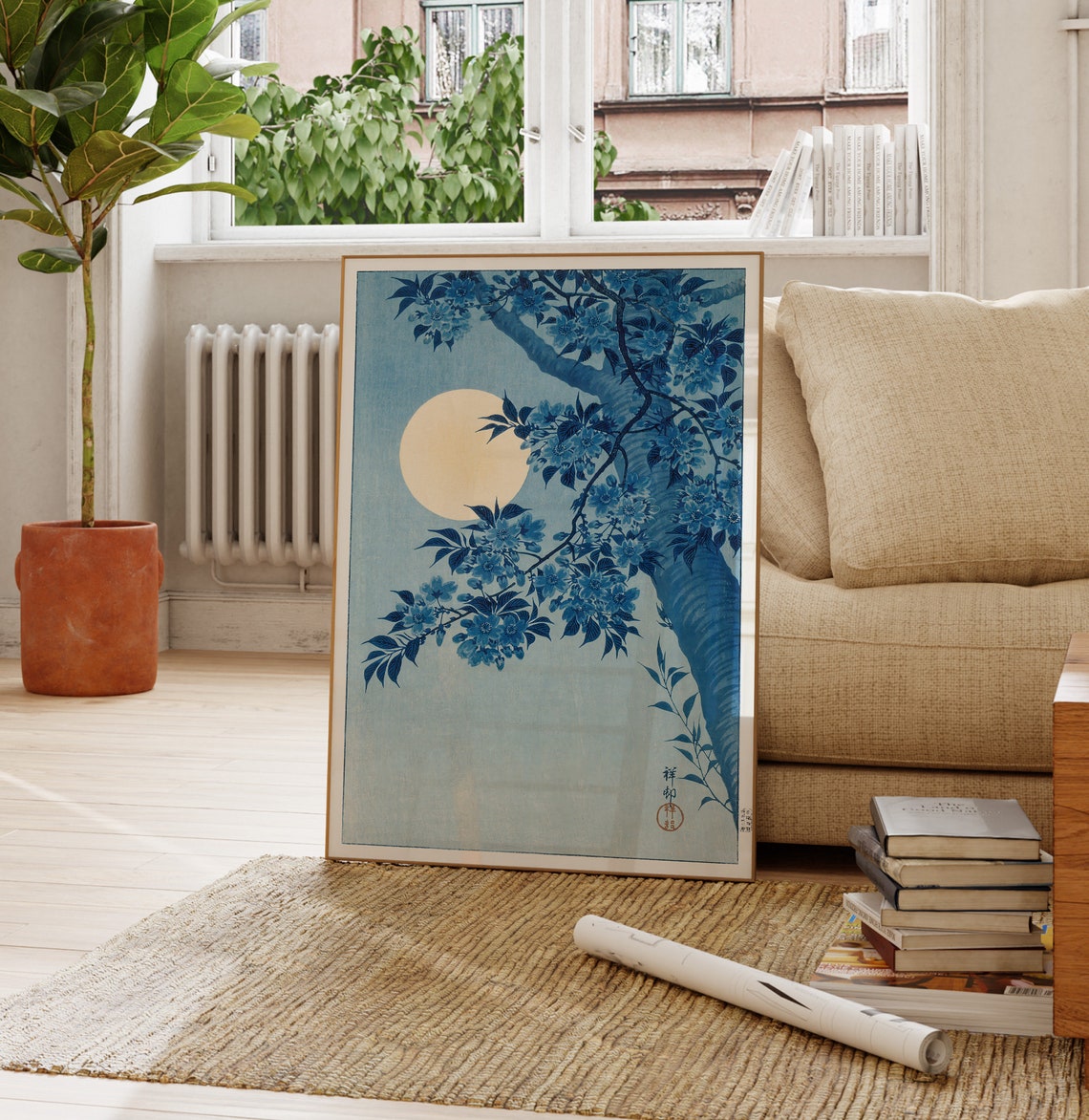 Blossoming Cherry On A Moonlit Night Japanese Blue Woodblock Poster - Image 4