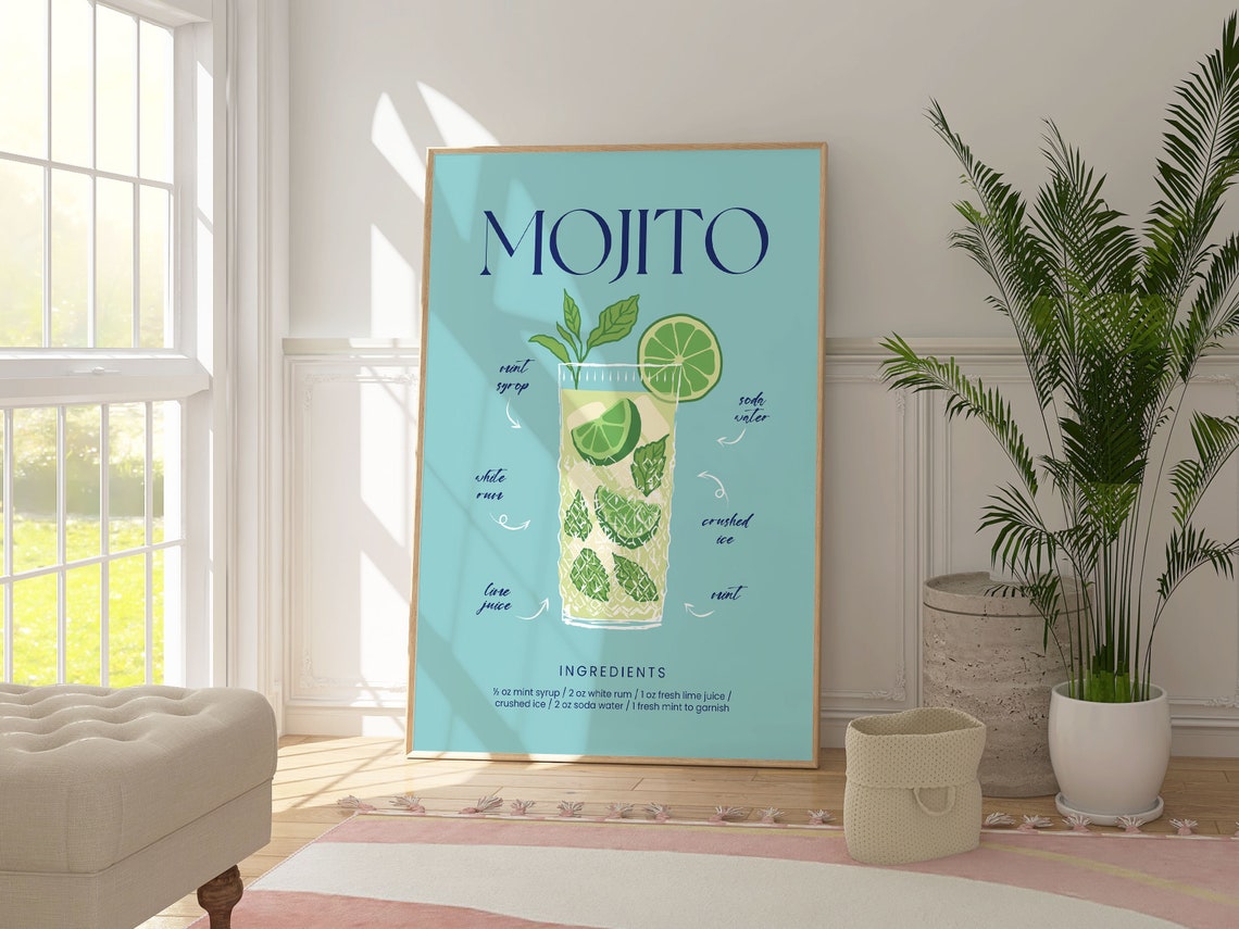 Mojito Cocktail Ingredients Recipe Chart Turquoise Bar Wall Art Poster - Image 2