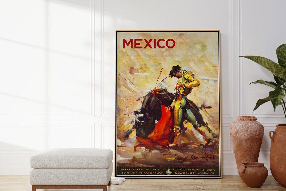 Mexico Vintage Travel Poster Bullfight Matador Red Cape Arena Painting - Image 4