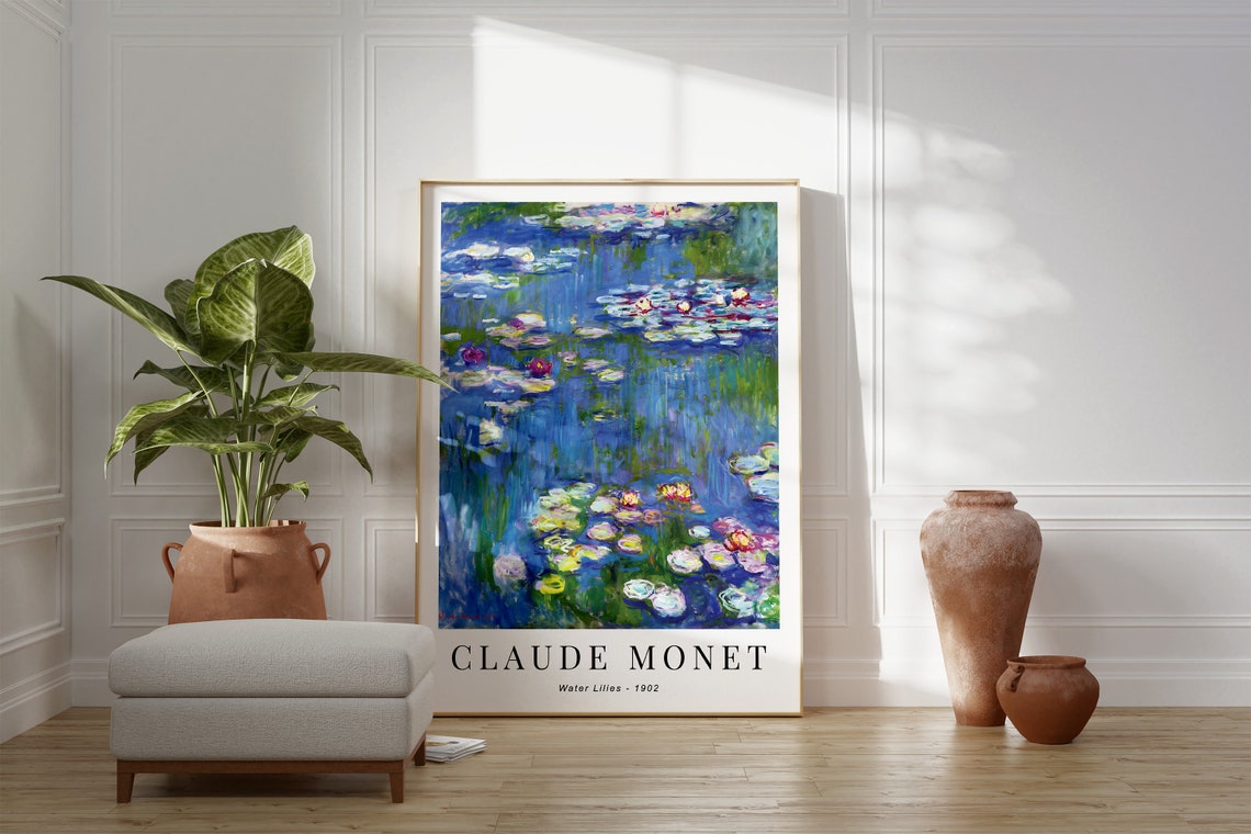 Claude Monet Water Lilies 1902 Deep Blue Pond Pink Gold Blooms Poster - Image 3