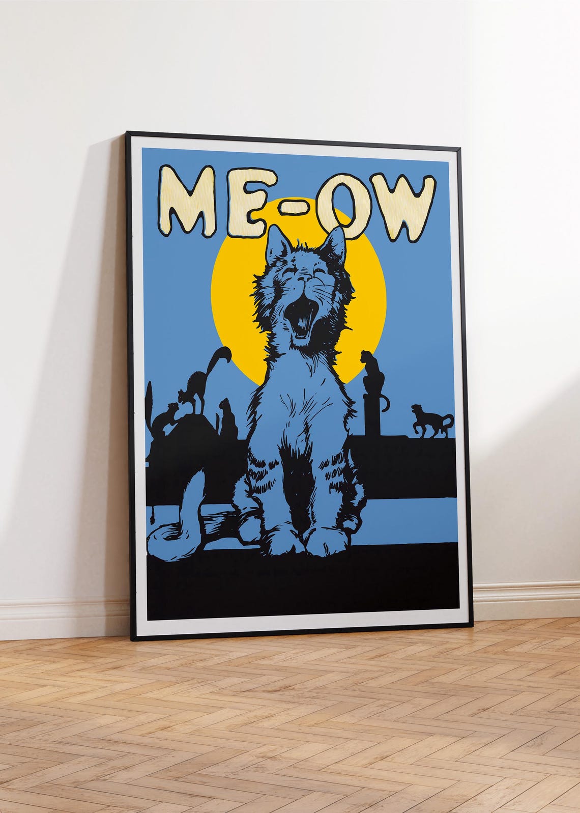 Me Ow Funny Blue Cat Pop Art Kitten Silhouette Humorous Wall Poster - Image 2