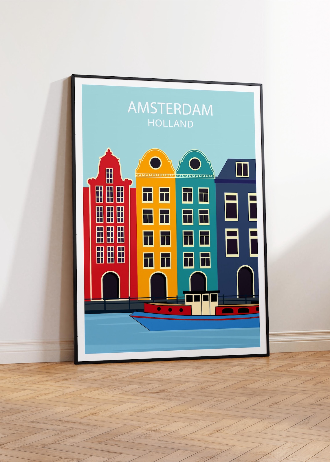 Amsterdam Holland Canal Houses Colourful Gabled Homes Boat Wall Art - Image 2