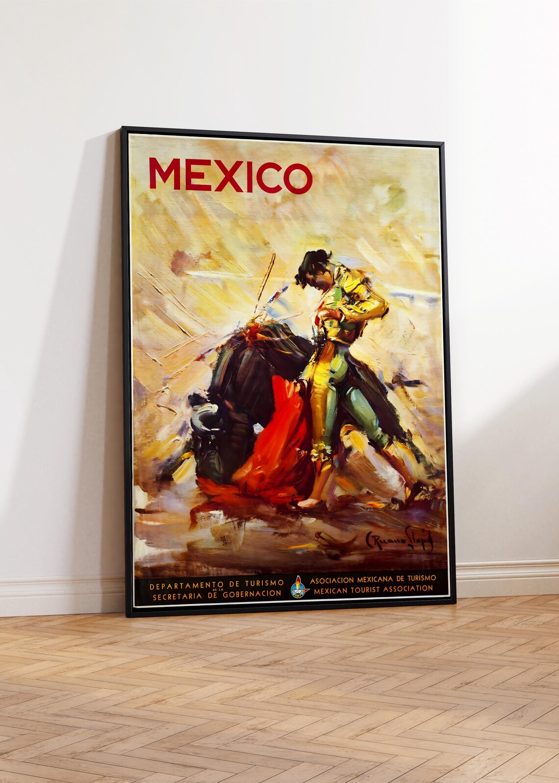 Mexico Vintage Travel Poster Bullfight Matador Red Cape Arena Painting - Image 2