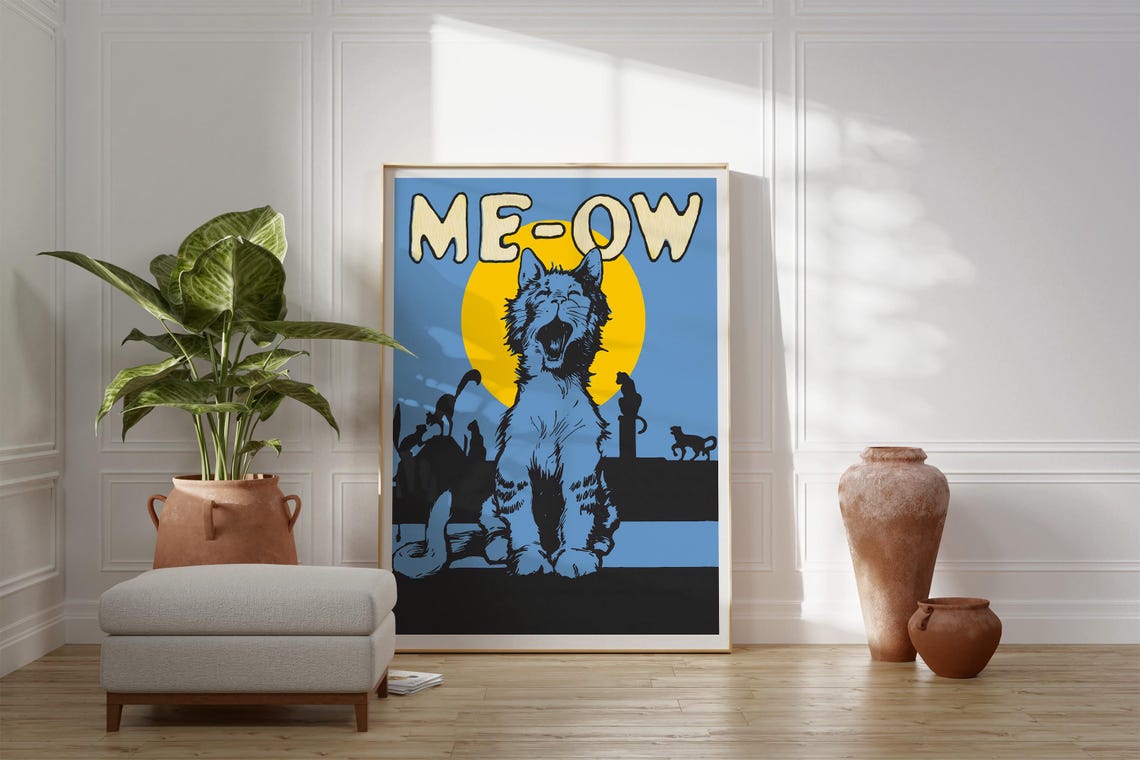 Me Ow Funny Blue Cat Pop Art Kitten Silhouette Humorous Wall Poster - Image 3