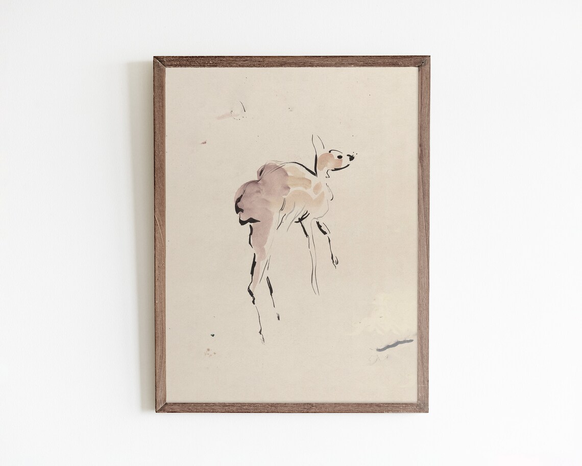 Minimalist Ink Sketch of a Young Deer Fawn Wildlife Drawing Art Poster