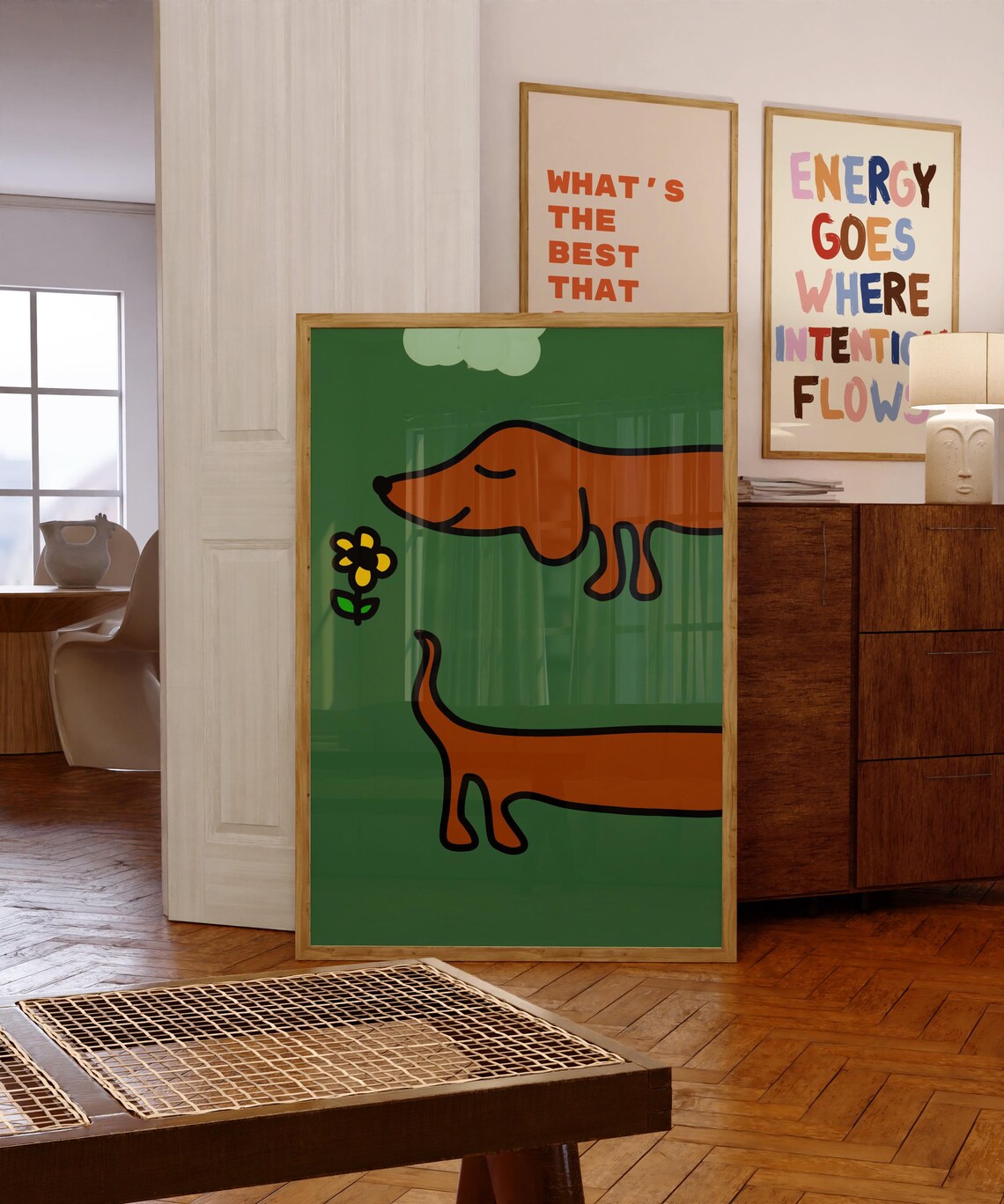Green Dachshund Sniffing Yellow Flower Minimal Line Dog Art Poster