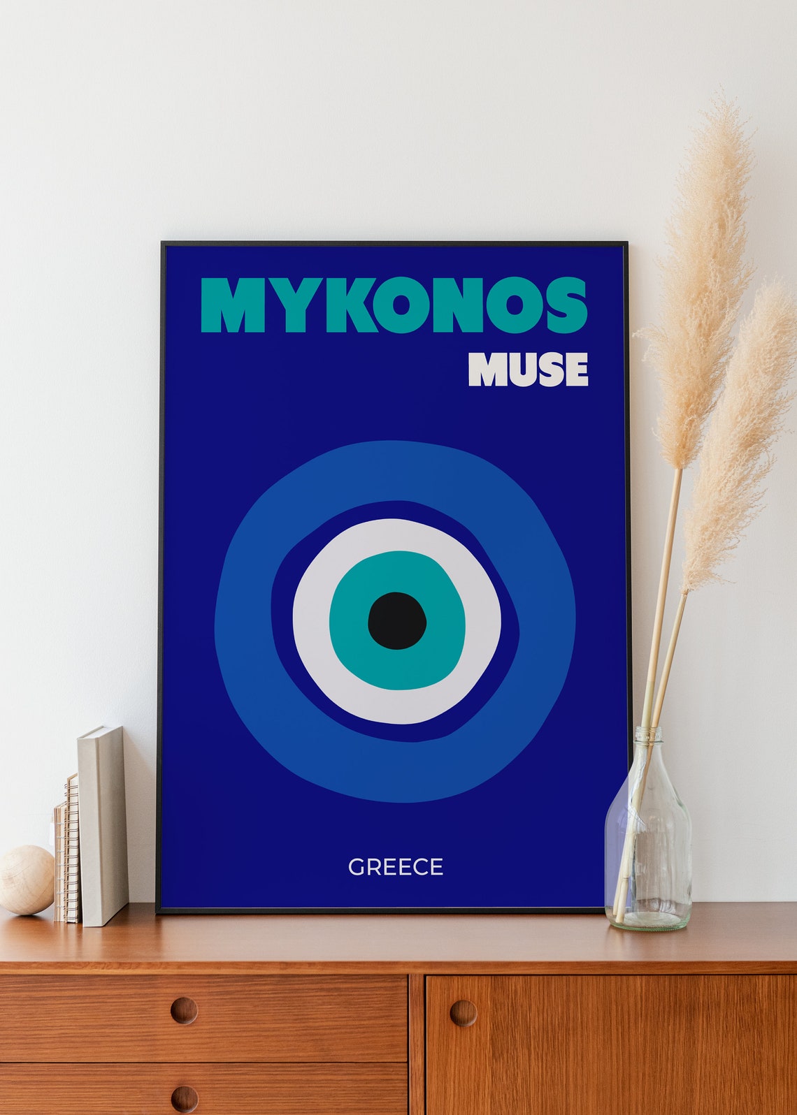Mykonos Muse Greece Evil Eye Navy Blue Graphic Travel Poster