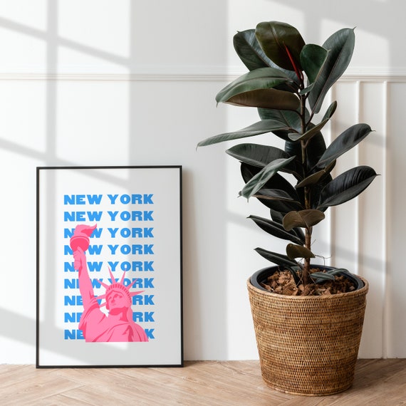 New York City Print Art Blue And Pink Nyc Poster Cute Trendy Wall Decor Living Room