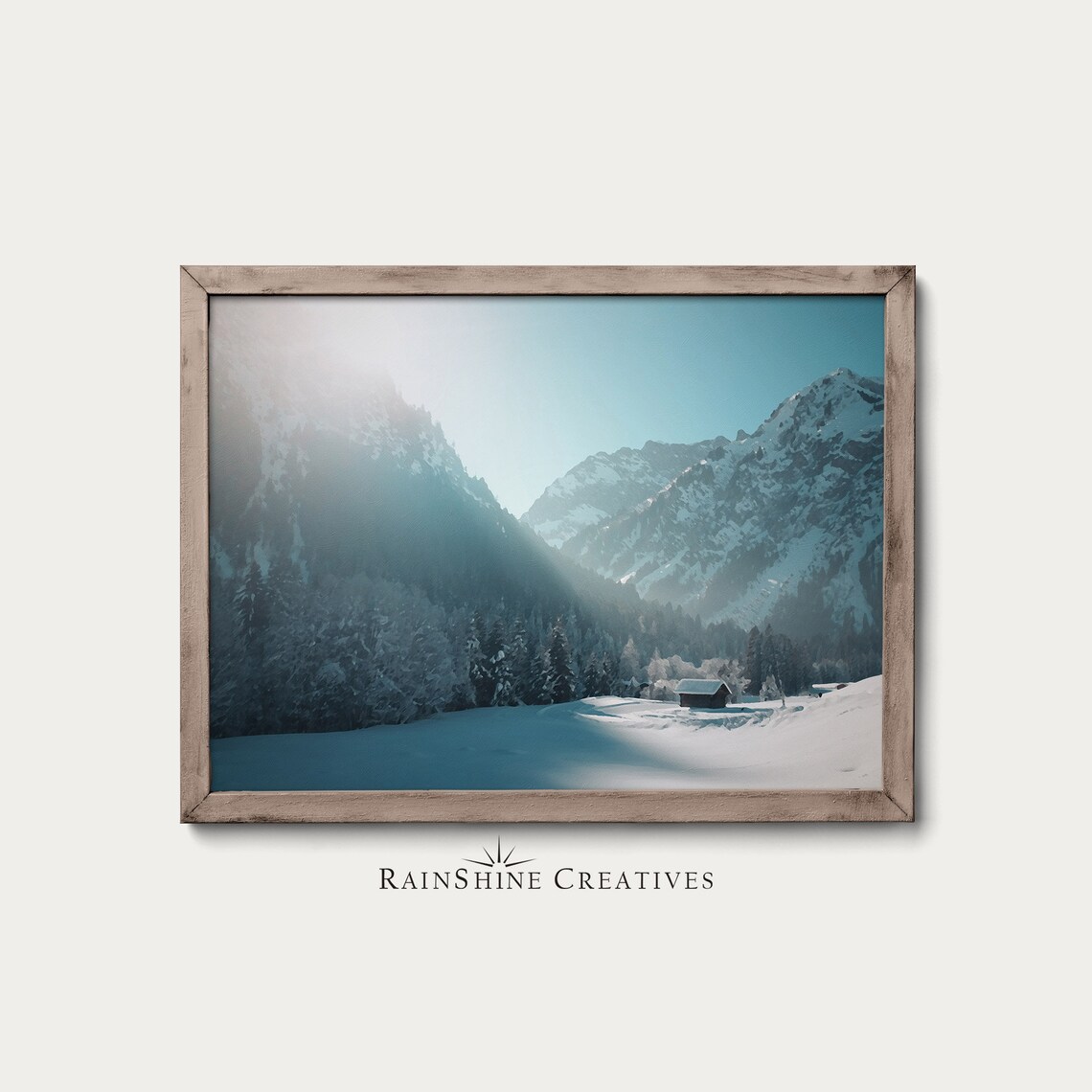 Cabin In The Snowy Mountains, Winter Art Print - Image 2