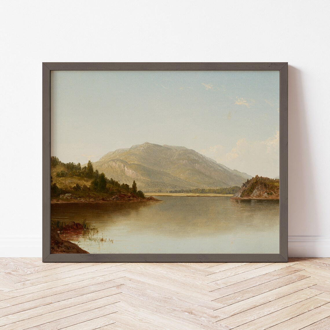 Mountain Lake with Distant Peak Hudson Style Oil Painting Poster - Image 2