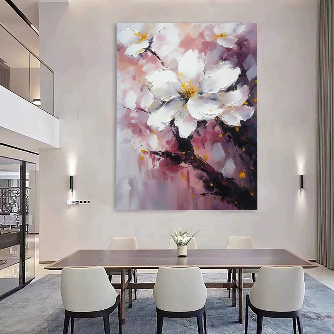 White Cherry Blossoms Pink Purple Branch Vibrant Impasto Floral Poster