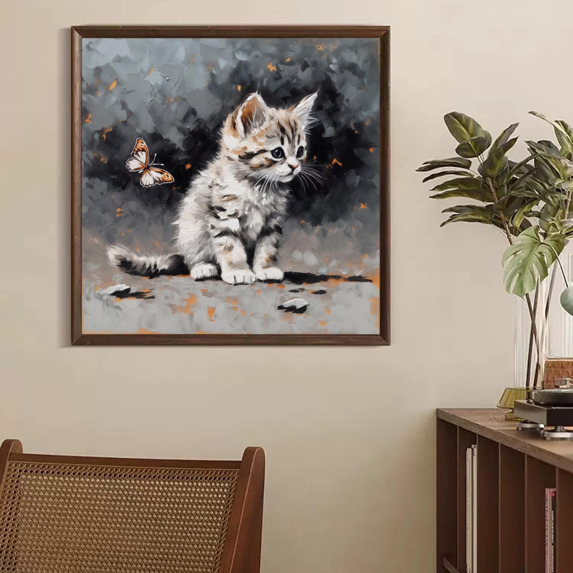 Gray Cat And Butterfly Oil Painting Pet Portrait Oil Impasto Painting Cat Portrait Wall Art Young Cat Pet Animal Painting For Cat Lover Gift - Image 3