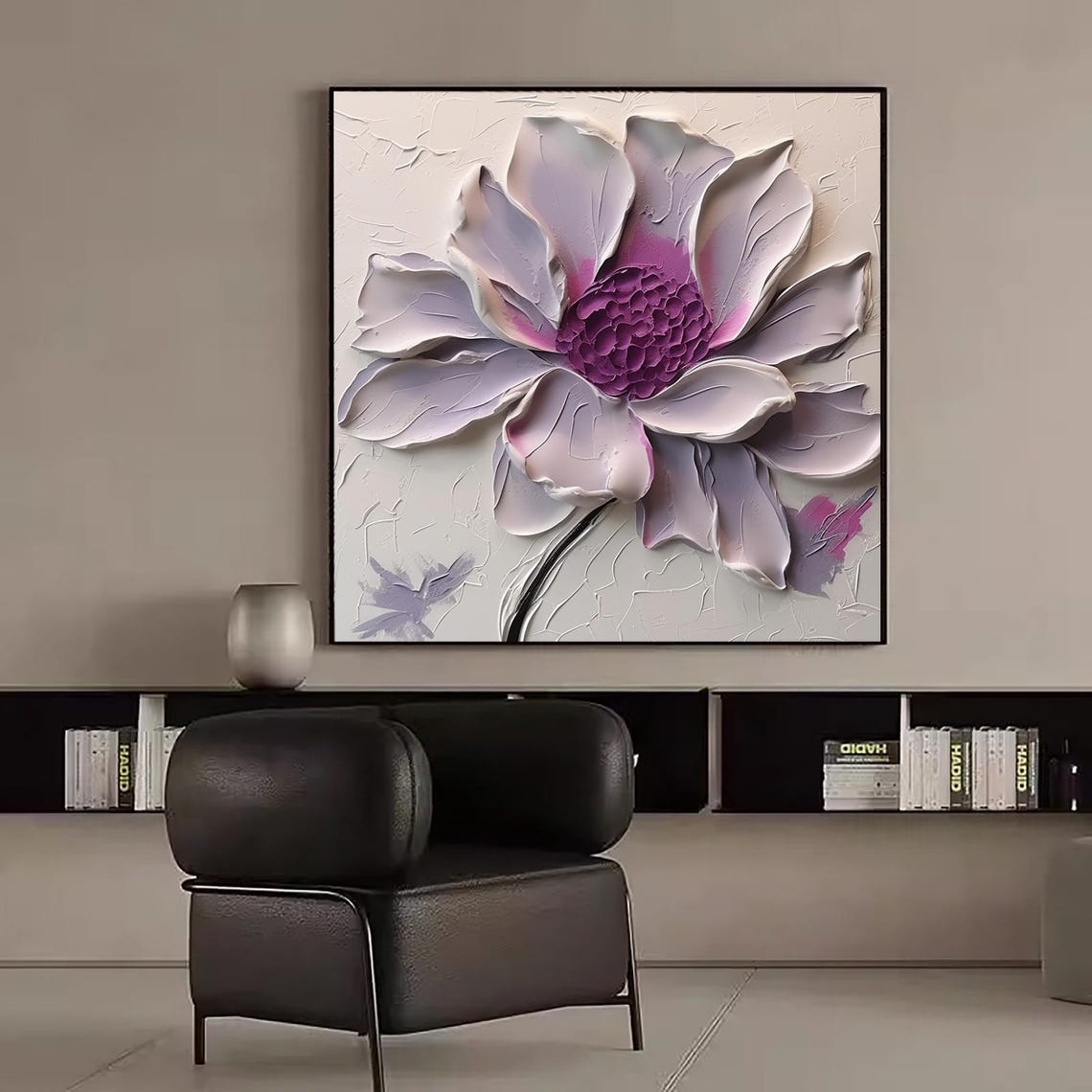 Lavender White Flower Magenta Center 3D Impasto Floral Square Poster - Image 4