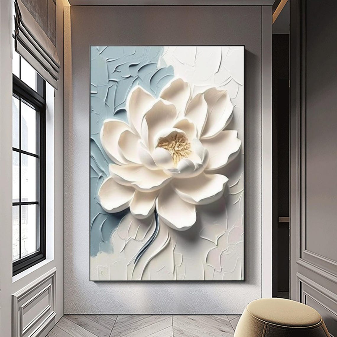 White 3D Bloom Flower Blue Textured Background Floral Art Poster - Image 2