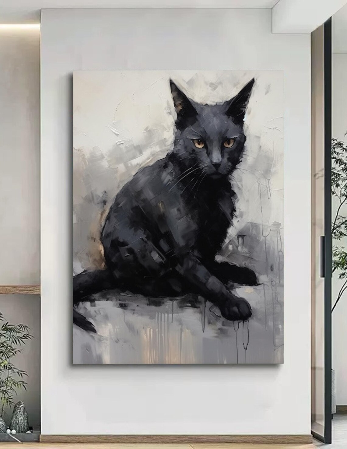 Black Cat Amber Eyes Sitting Full Body Oil Painting Pet Portrait Poster - Image 4