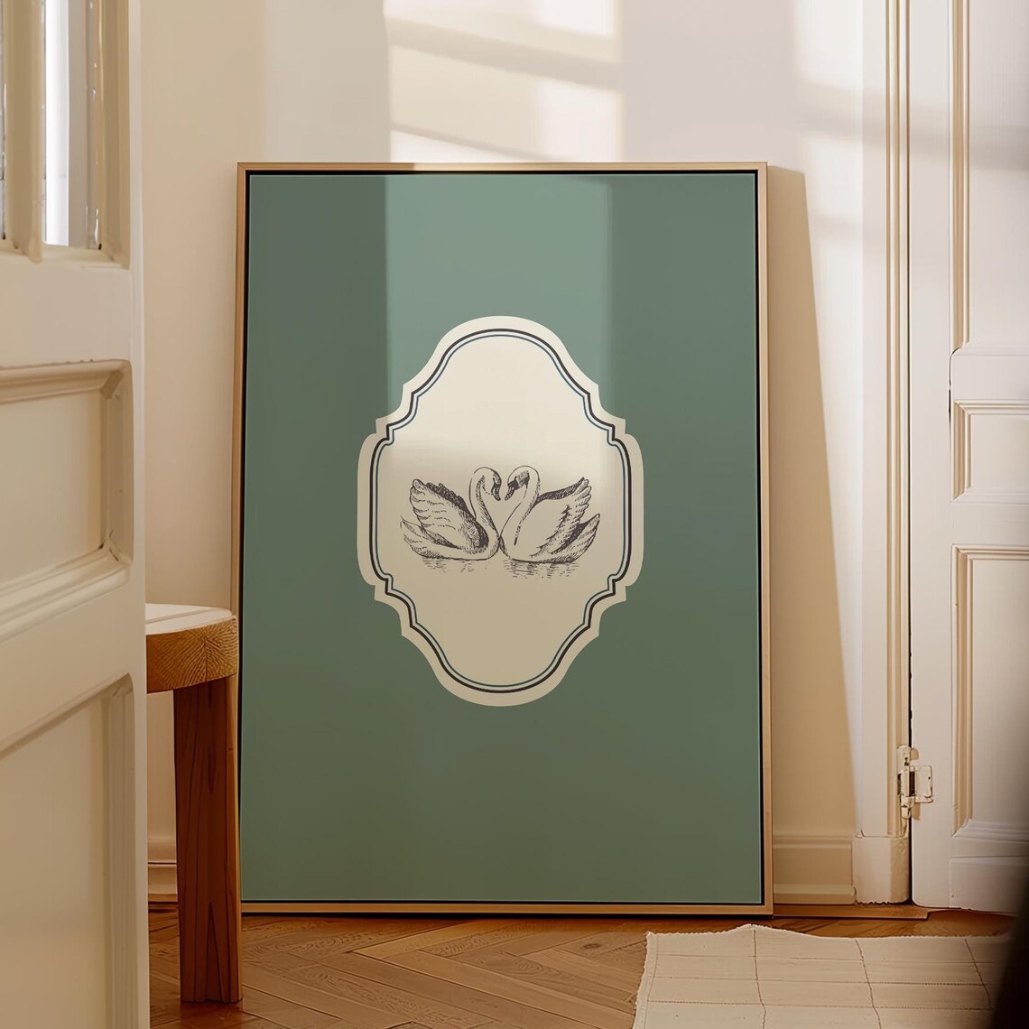 Vintage Swan Pair Heart Motif Sage Green Ornate Vertical Love Poster
