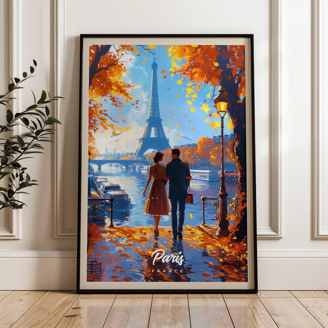 Paris France Autumn Eiffel Tower Riverside Romantic Couple Poster