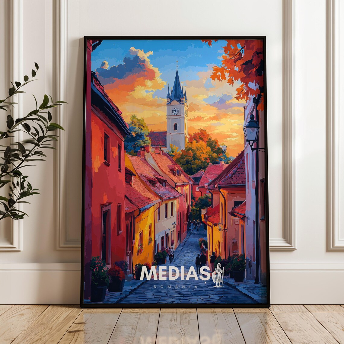 Medias Romania Medieval Old Town Church at Sunset Travel Poster