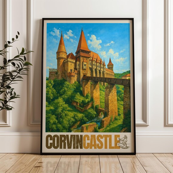 Corvin Castle Romania Travel Poster Hunedoara Illustration Art