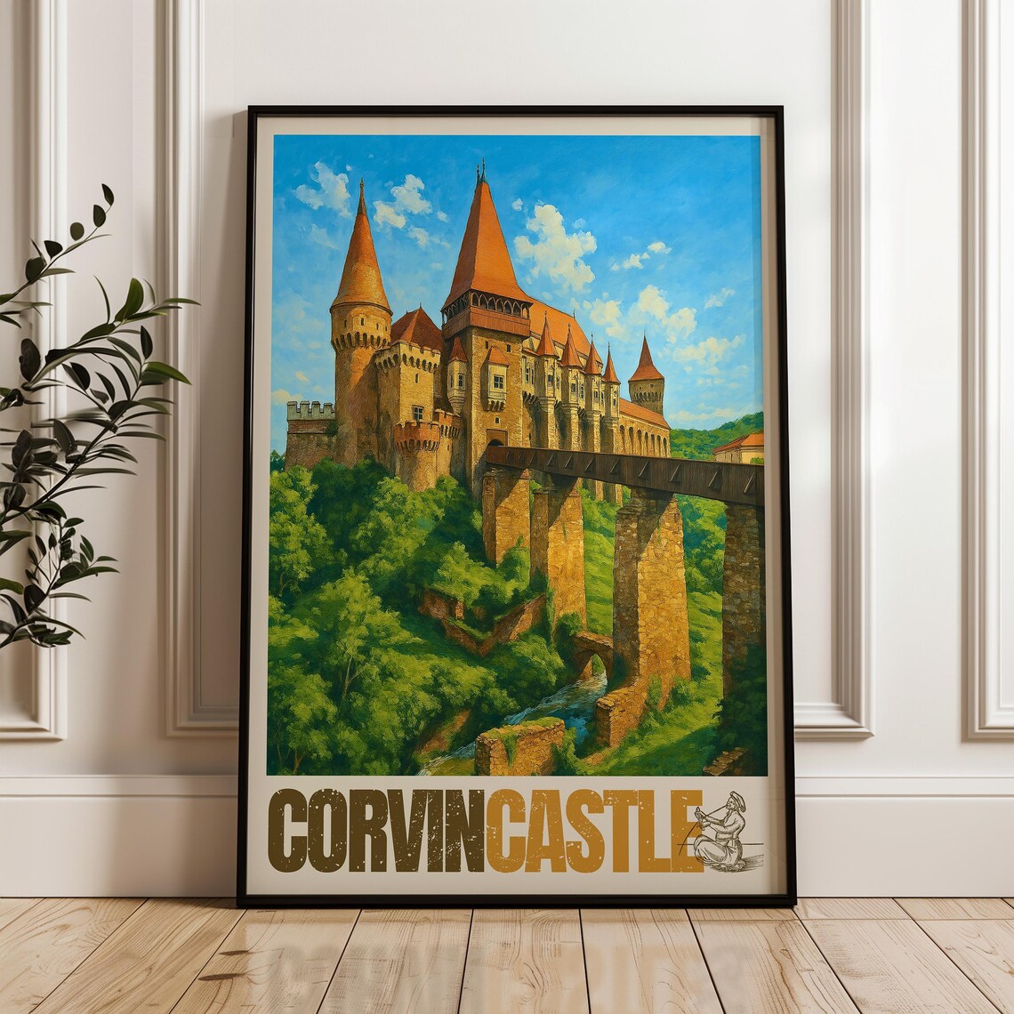 Corvin Castle Romania Travel Poster Hunedoara Illustration Art