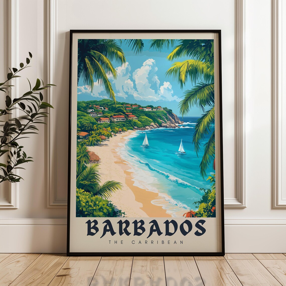 Barbados Beach Cove with Sailboats Caribbean Island Travel Poster