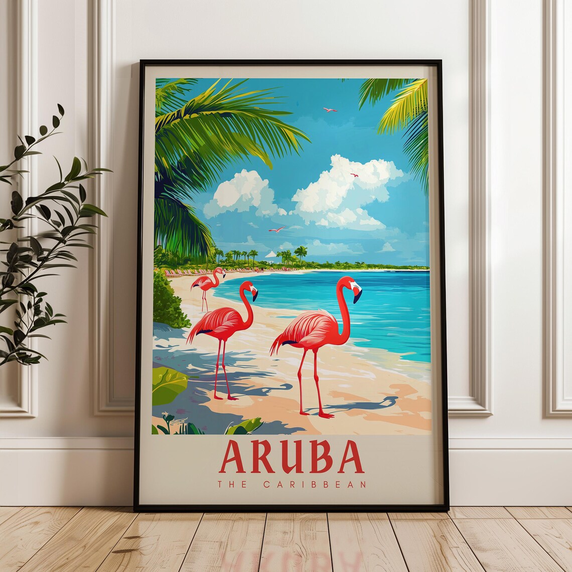Aruba Caribbean Flamingo Beach Turquoise Water Sunset Travel Poster