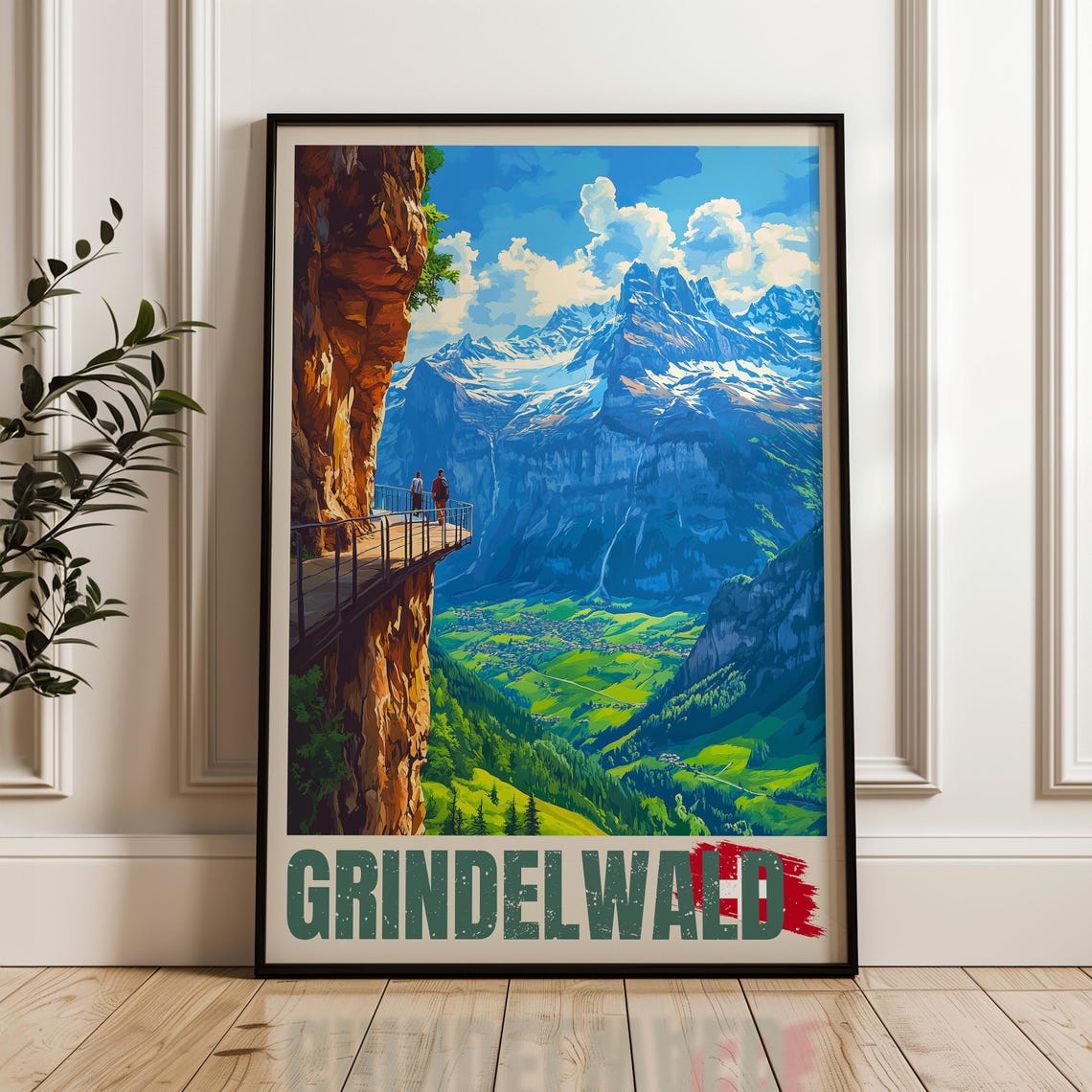 Grindelwald Switzerland Alps Cliff Walkway Travel Illustration Poster