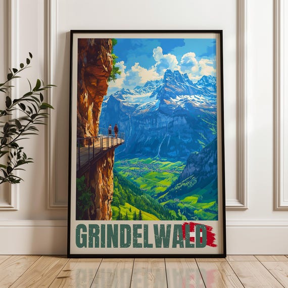 Grindelwald Switzerland Travel Poster Alps Illustration Ski Home Decor