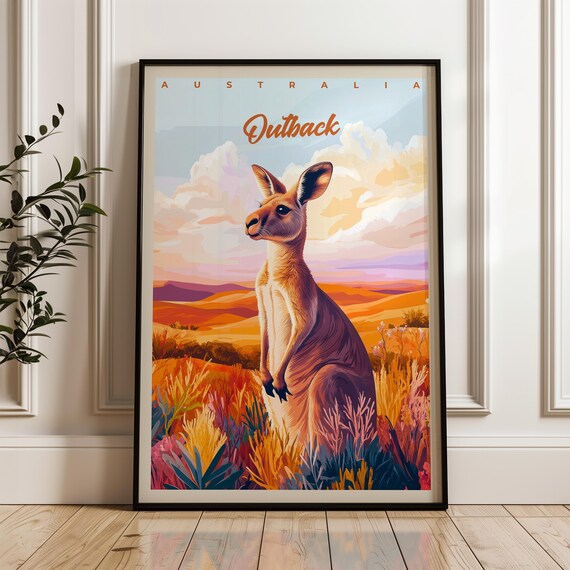 Vintage Kangaroo Travel Poster, Australian Wildlife